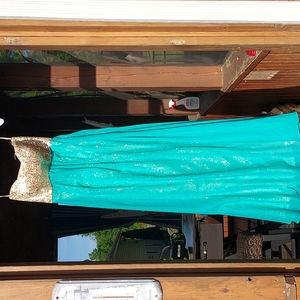 Teal and gold formal long prom dress